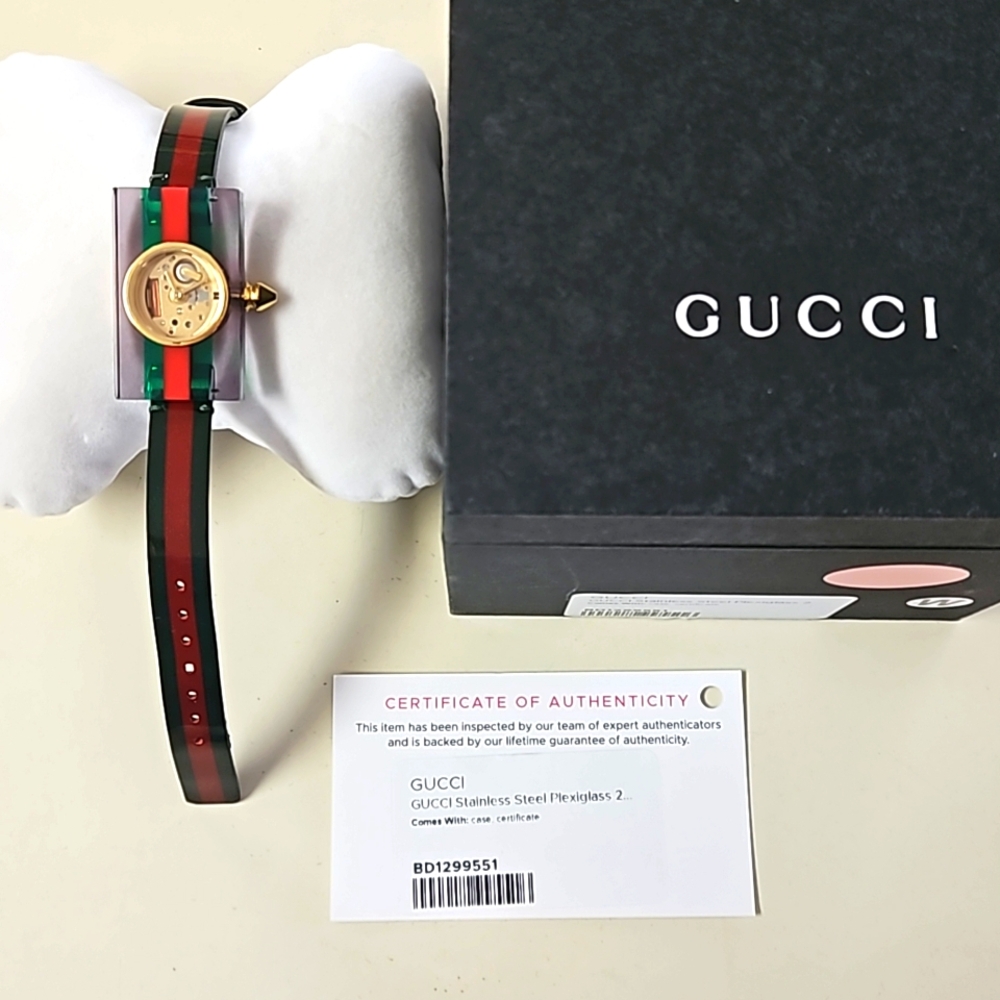 Authentic Gucci Watch Red Green Plexiglass Gold Bee Modern Luxury Designer Watch